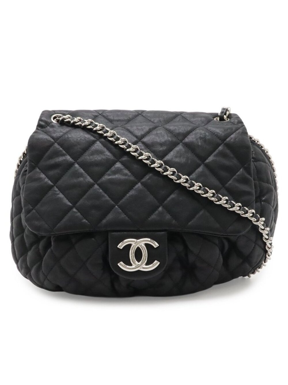 Chanel Quilted Chain Around CC Logo Shoulder Bag Leather Black Silver